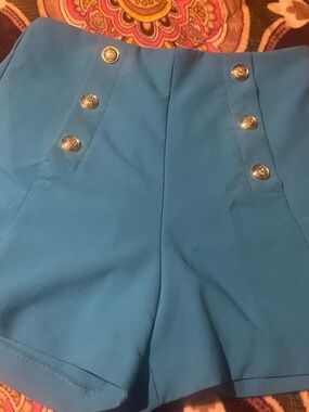 Zara High-Waist Teal-Blue Shorts with Gold Buttons